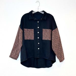 Denim Black Jacket Shacket Animal Print pockets & Sleeves Oversized Medium
